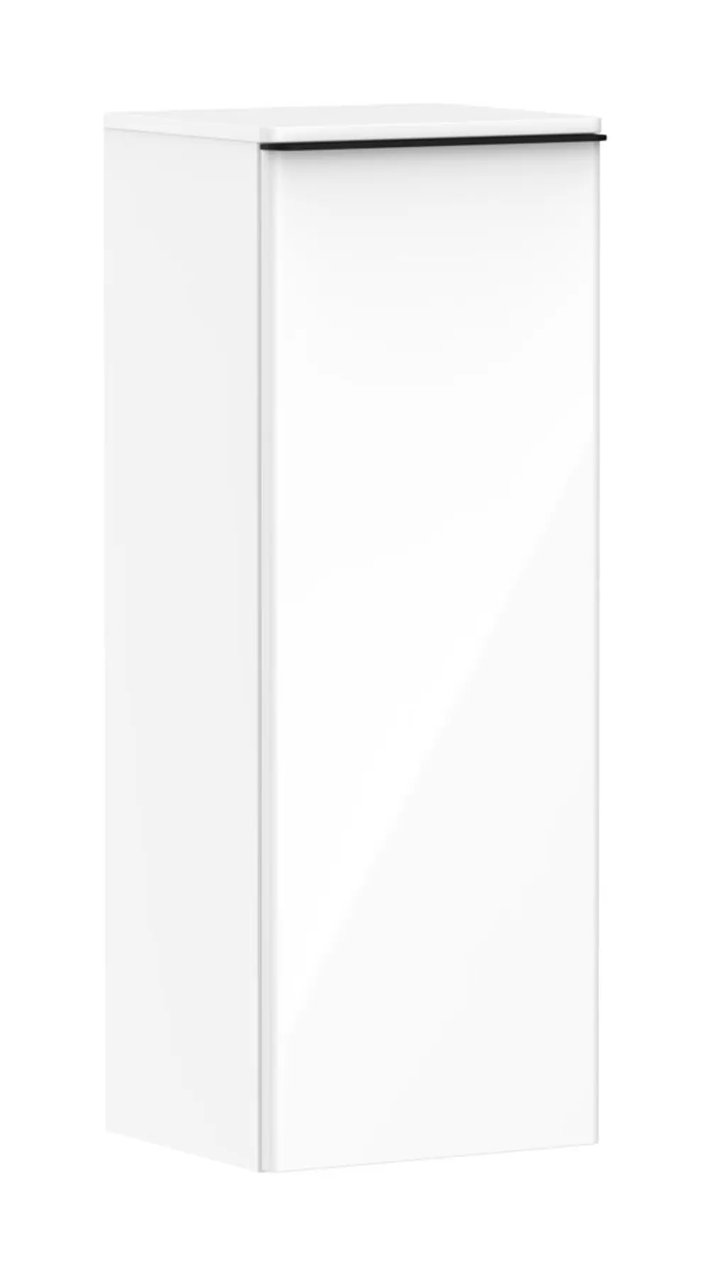 Weißer Hochschrank mit glatter Oberfläche, schmalem Design und Türanschlag auf der linken Seite. Produkt von Hansgrohe, geeignet für verschiedene Raumgestaltungen.